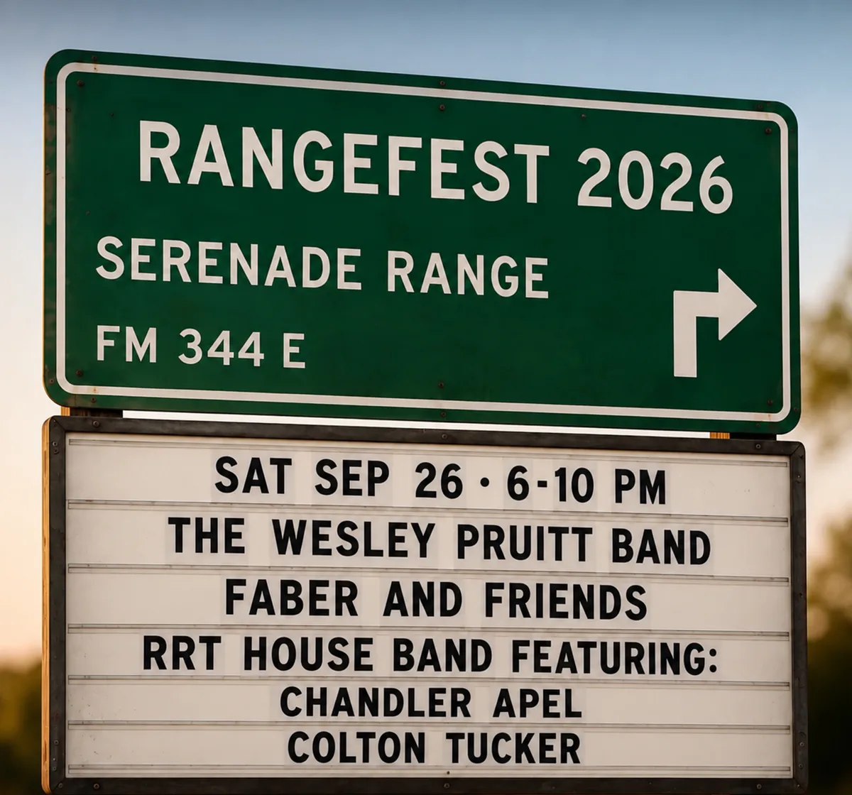 The RangeFest 2026 letterboard: Sat Sep 26, 6-10 PM. The Wesley Pruitt Band. Faber and Friends. RRT House Band featuring Chandler Apel and Colton Tucker.